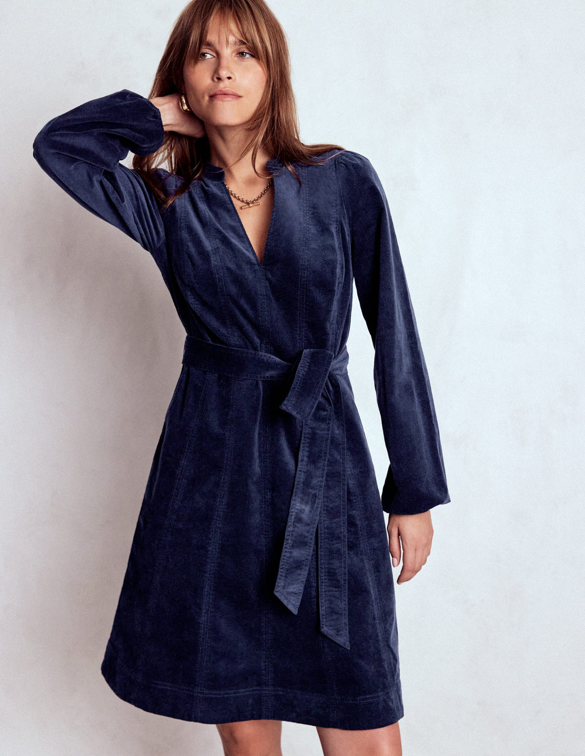 Ros Panelled Cord Short Dress-Navy - Image 1