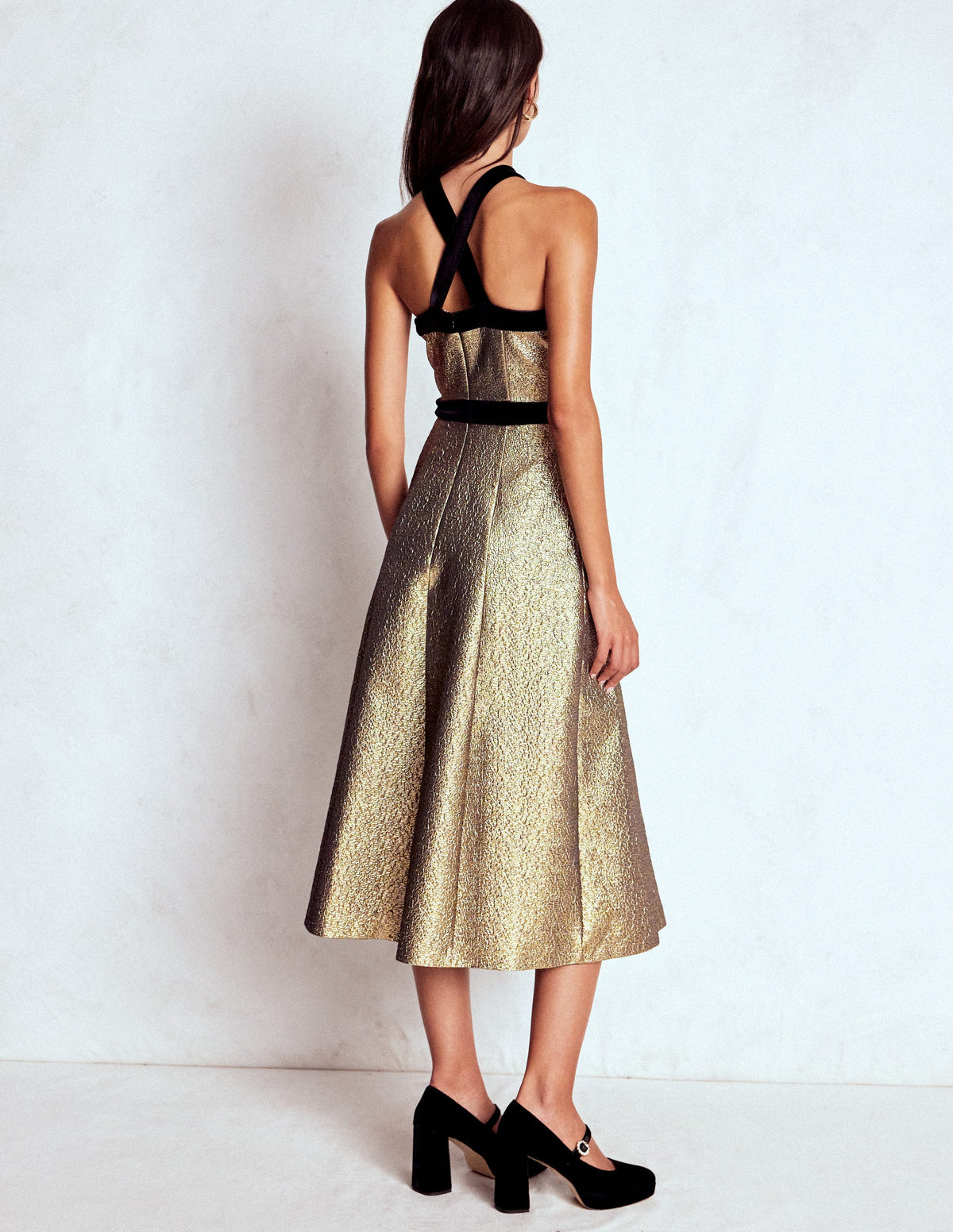 Halter Fit & Flare Gold Dress-Gold - Image 3