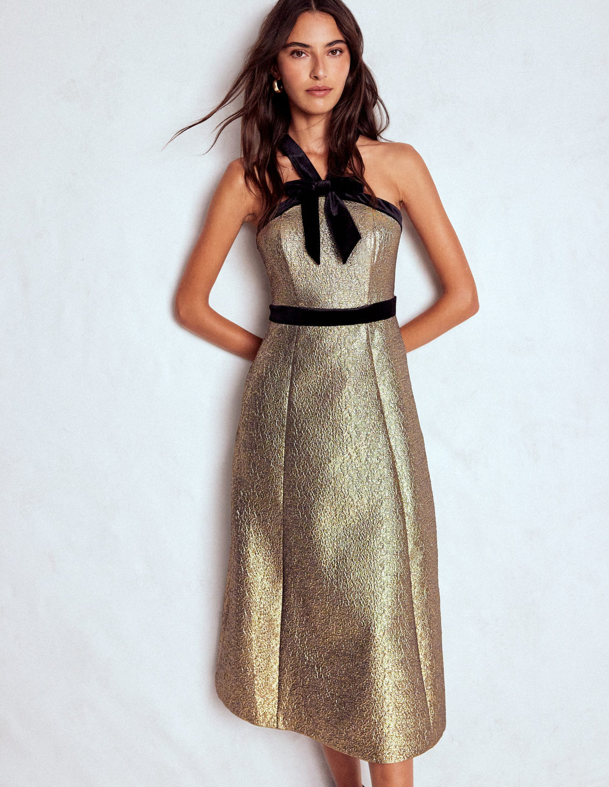 Halter Fit & Flare Gold Dress-Gold - Image 4