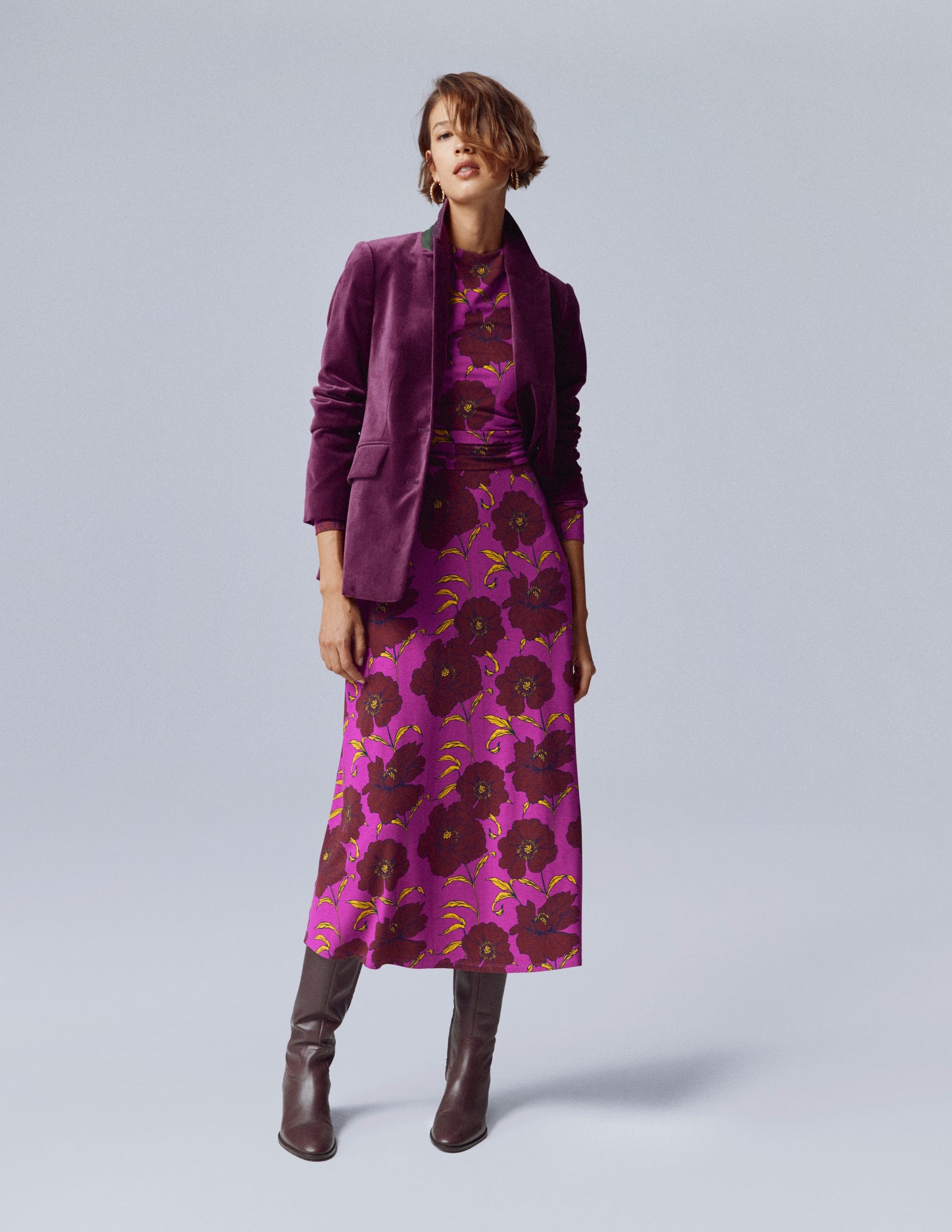 Ruched Jersey Midi Dress-Regal Purple, Peony Bloom-1