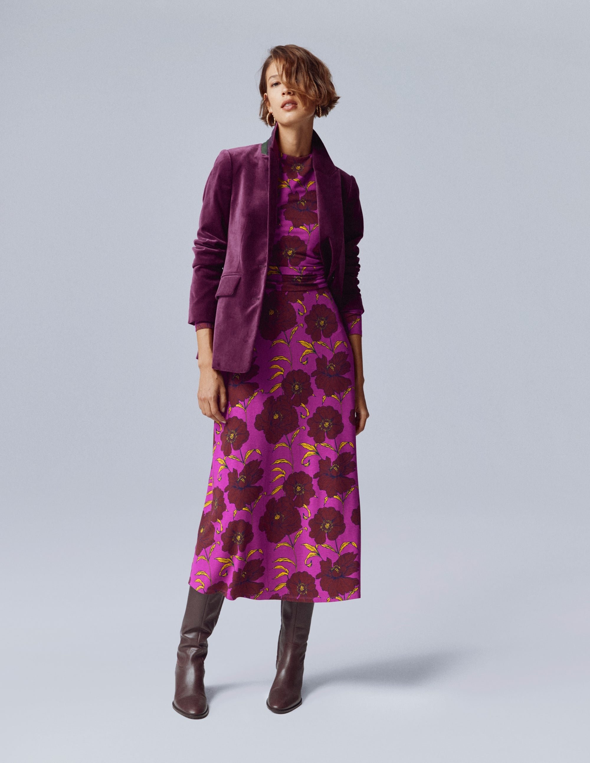 Ruched Jersey Midi Dress-Regal Purple, Peony Bloom - Image 6