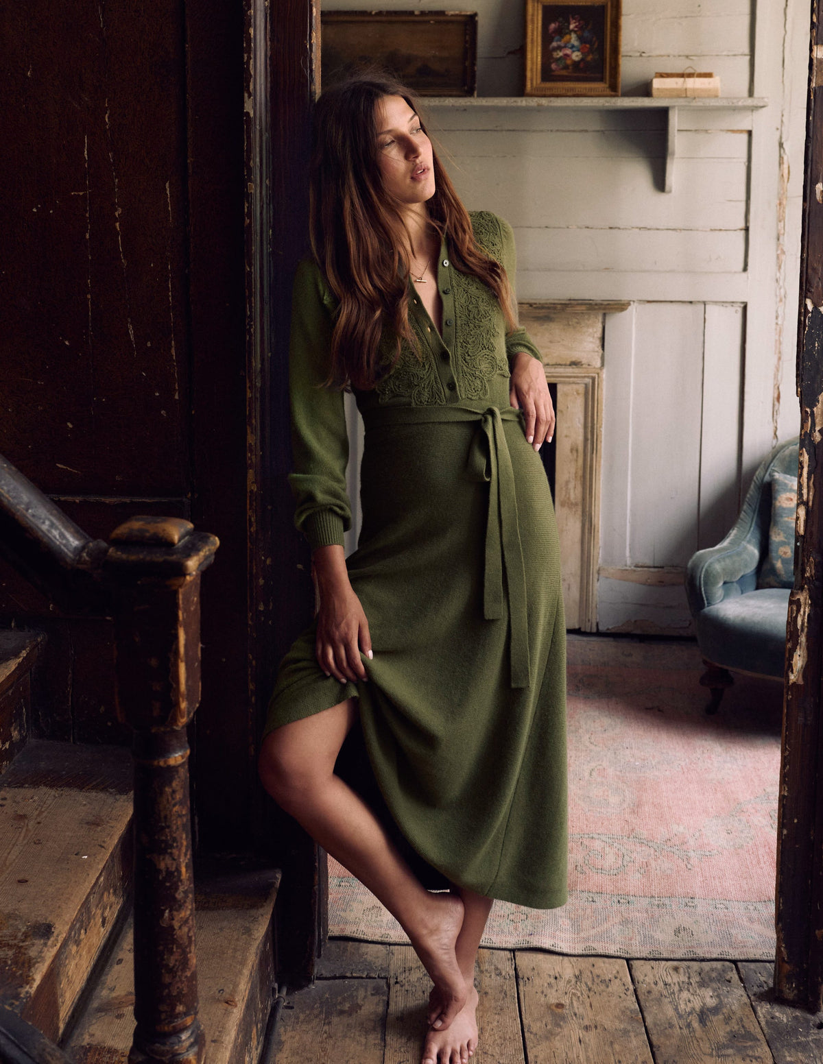 Lace Insert Knitted Midi Dress-Forest Glade - Image 6