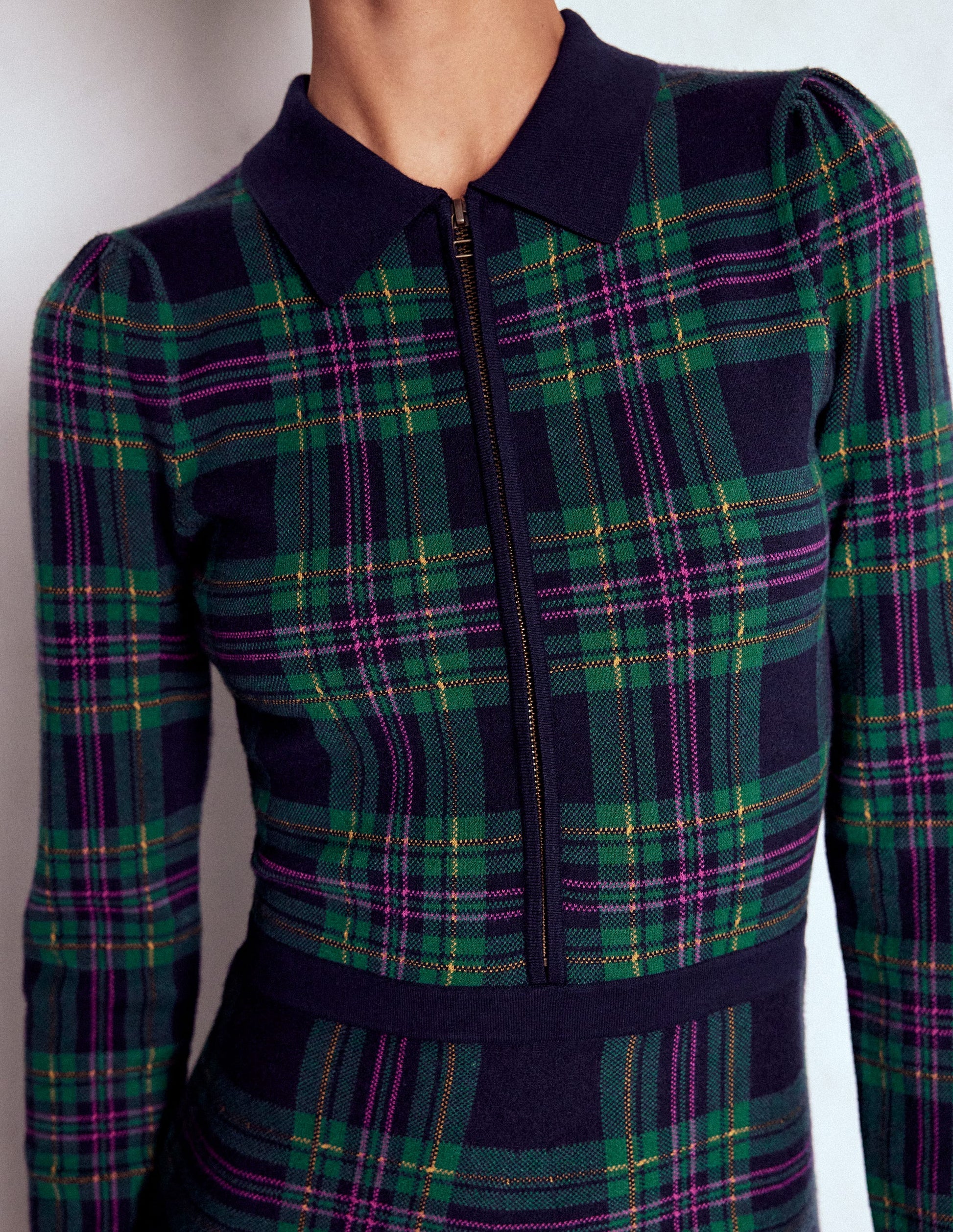 Fiona Zip Front Knitted Dress-Green Check-3