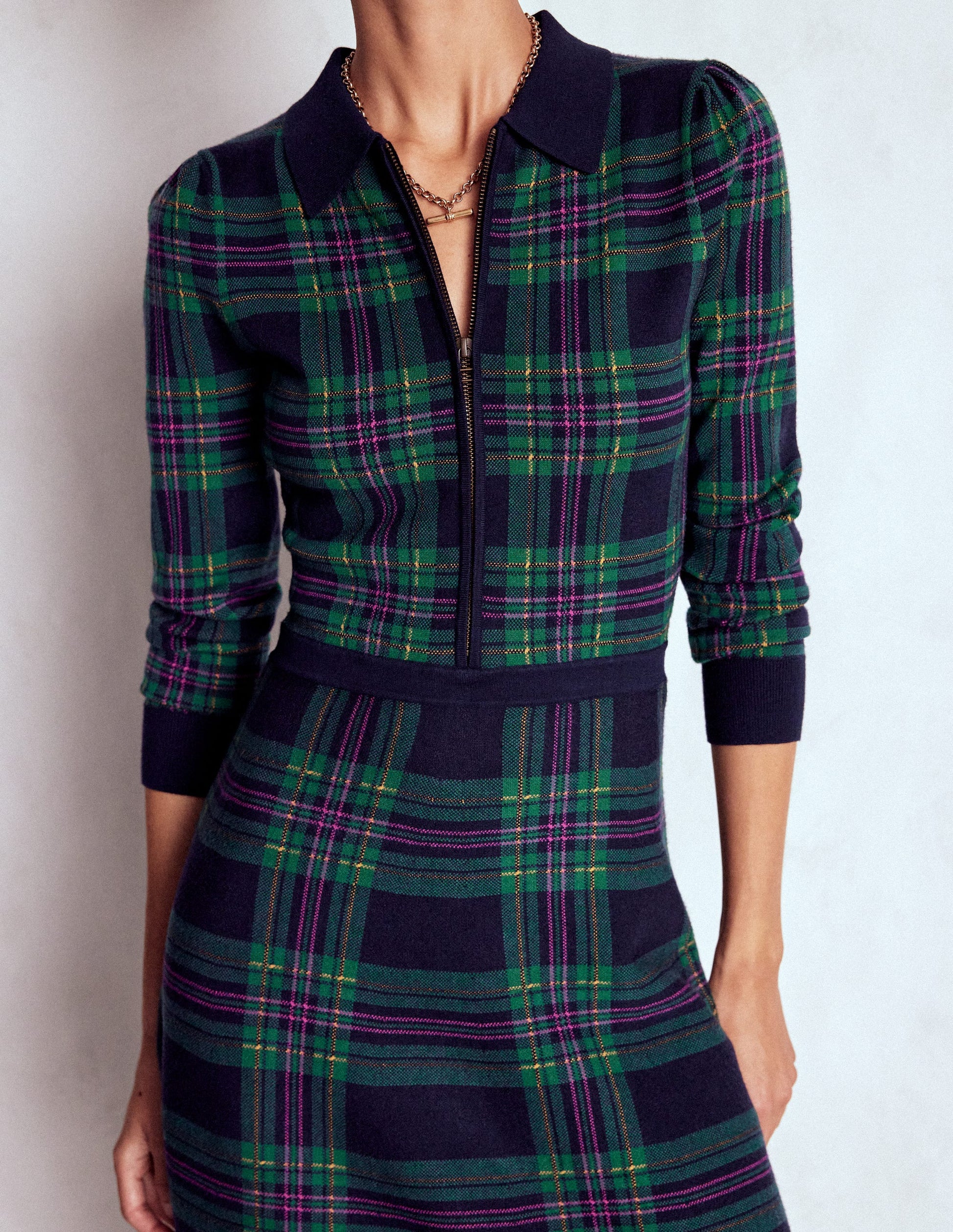 Fiona Zip Front Knitted Dress-Green Check-6