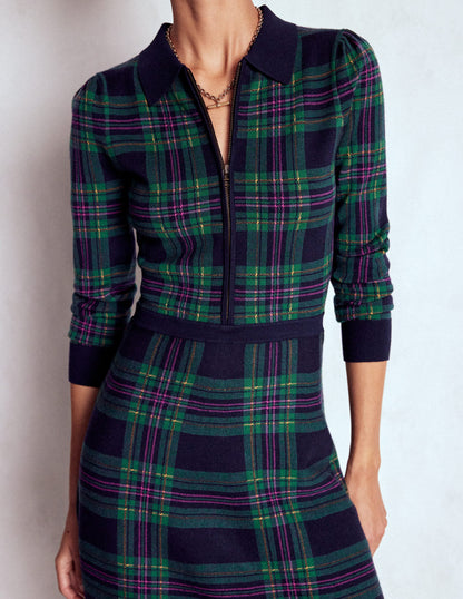 Fiona Zip Front Knitted Dress-Green Check-6