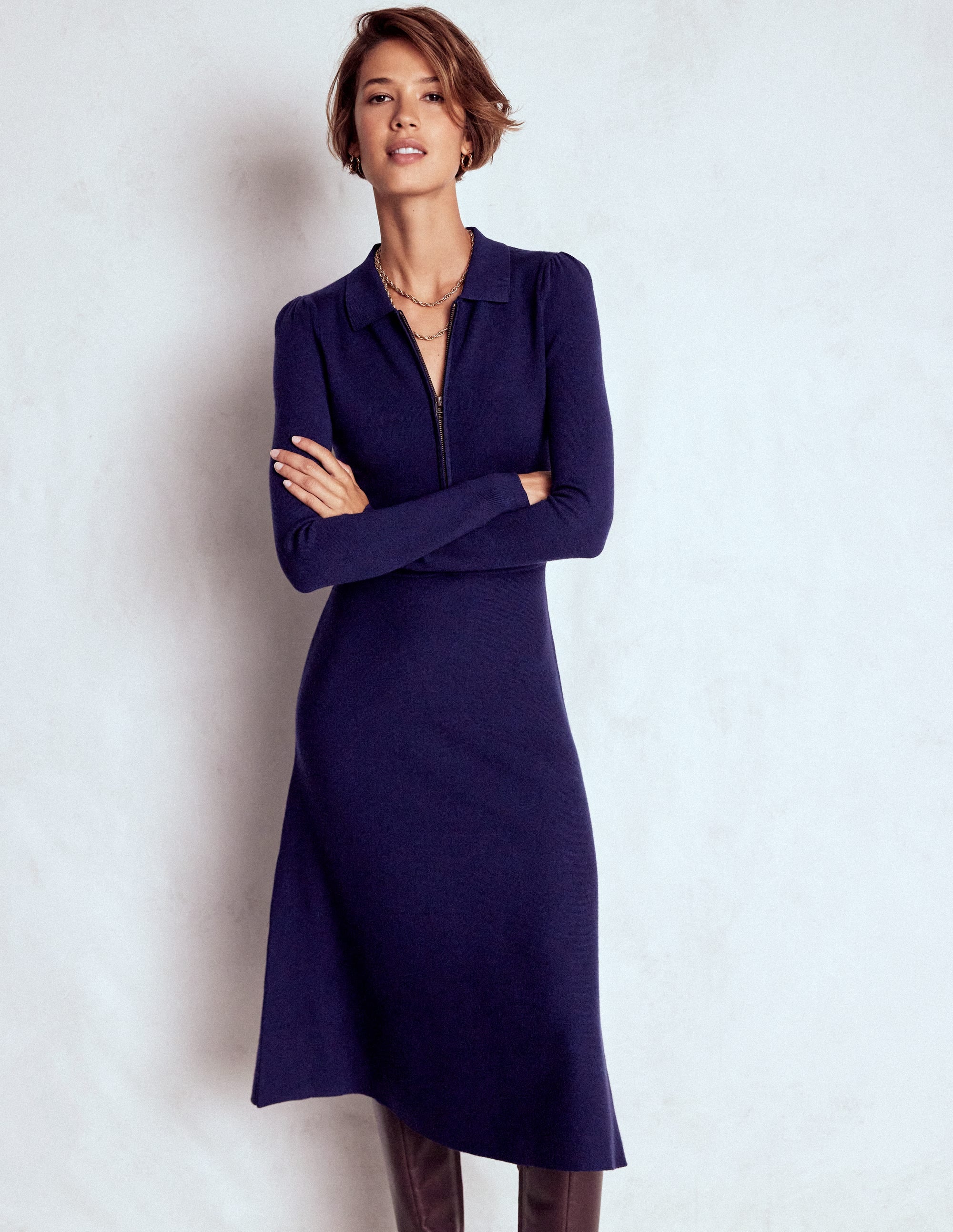 Fiona Zip Front Knitted Dress-Navy - Image 1