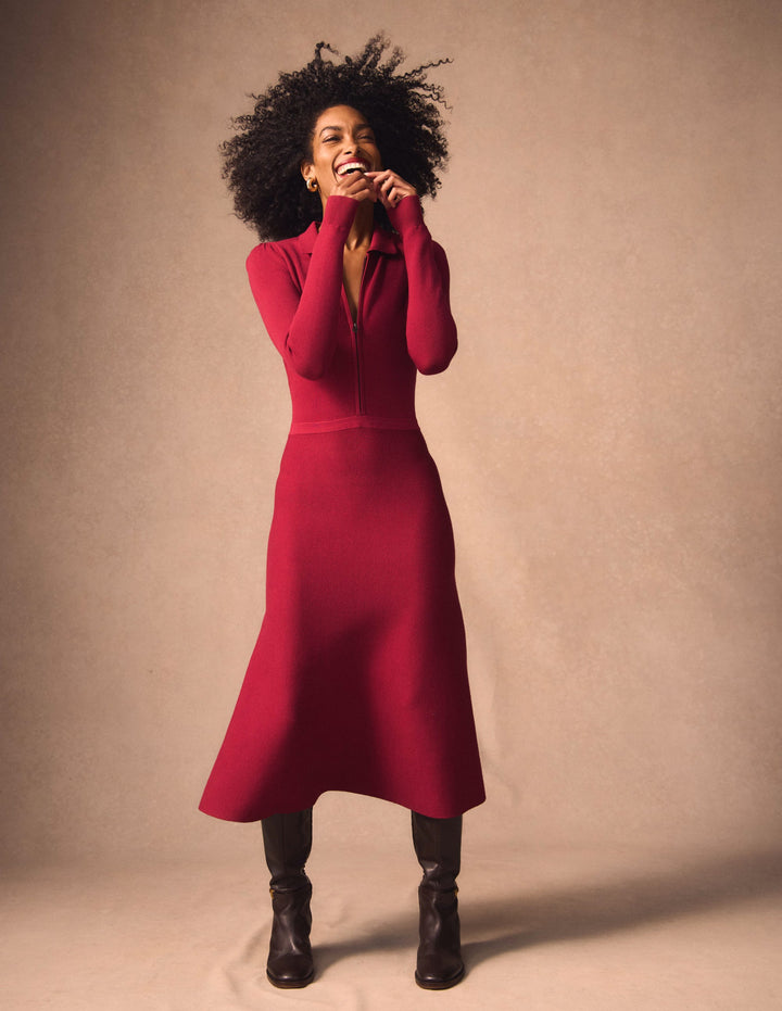 Fiona Zip Front Knitted Dress-Ruby Red