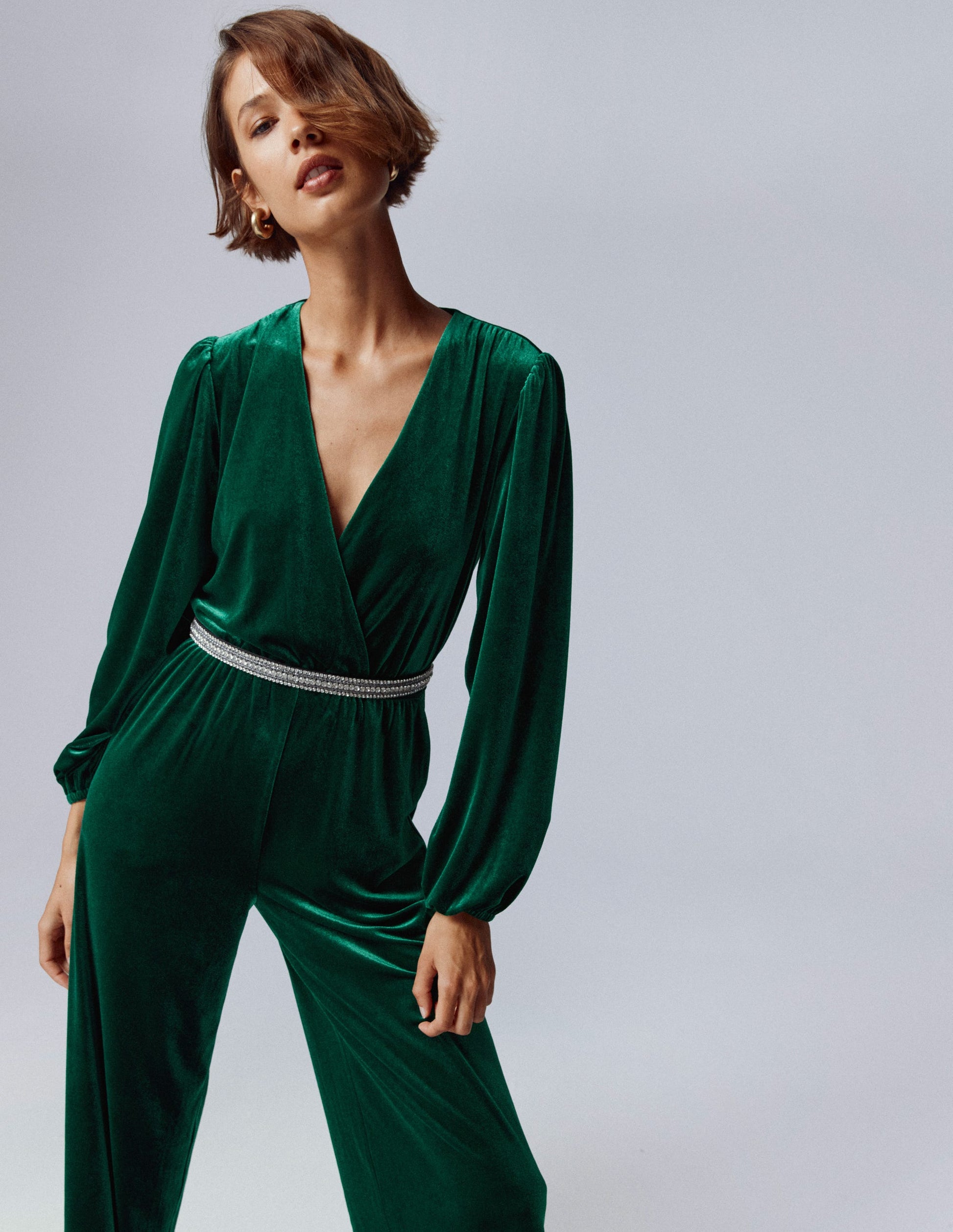 Jersey Velvet Wrap Jumpsuit-Emerald Night-1