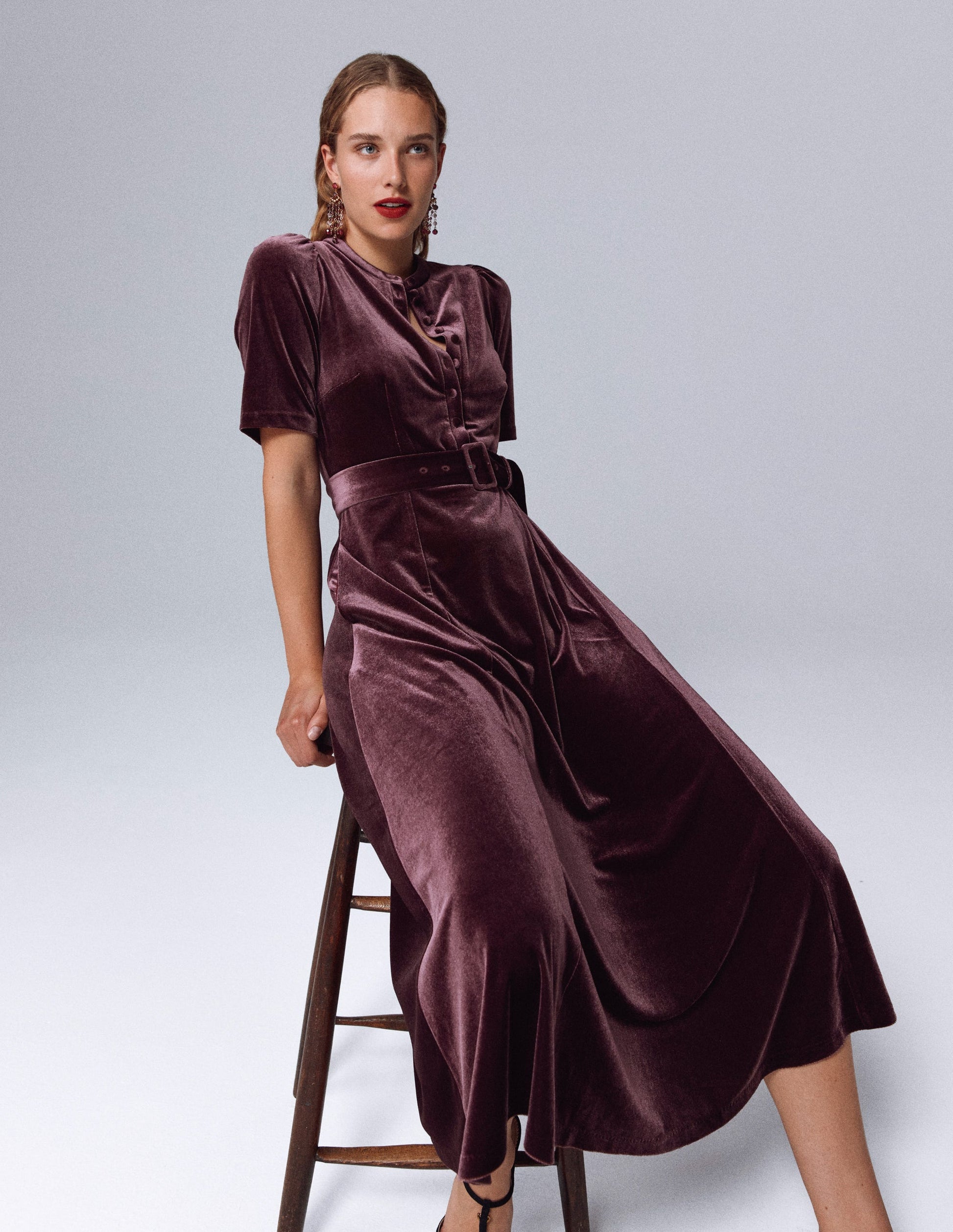 Kate Velvet Shirt Dress-Dark Cherry-1