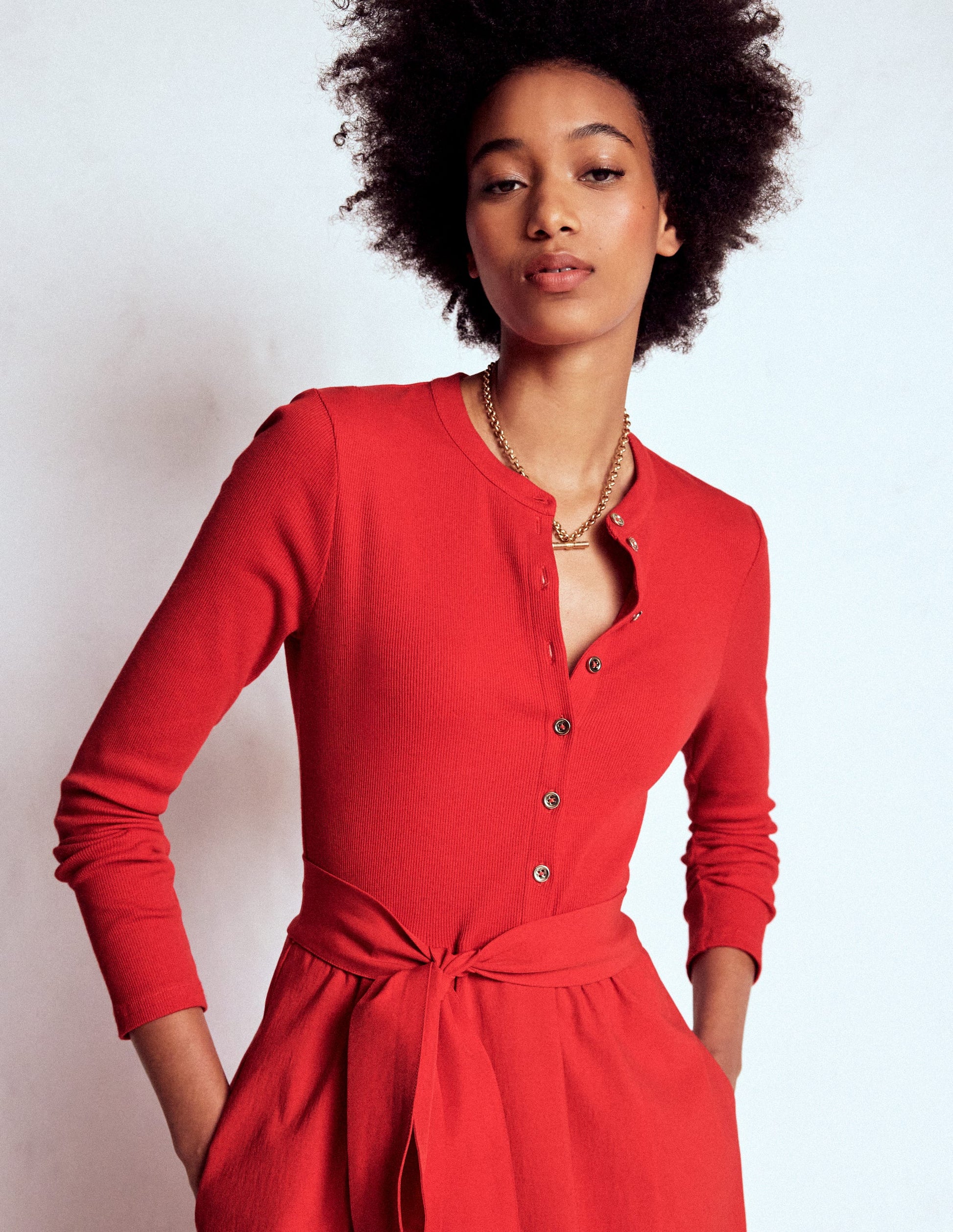 Button Detail Mix Dress-Crimson Red-4