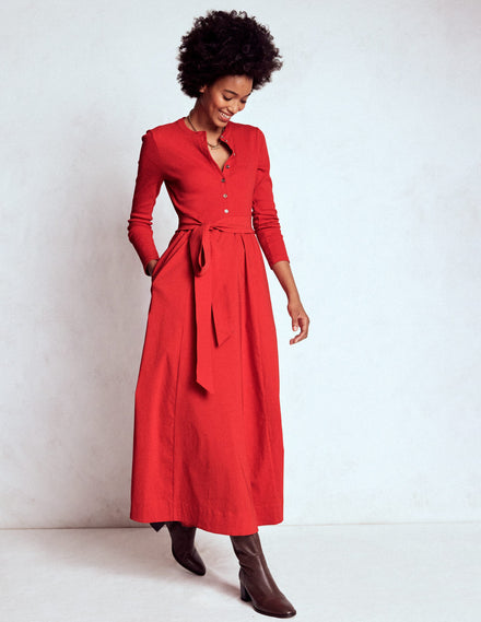 Button Detail Mix Dress-Crimson Red