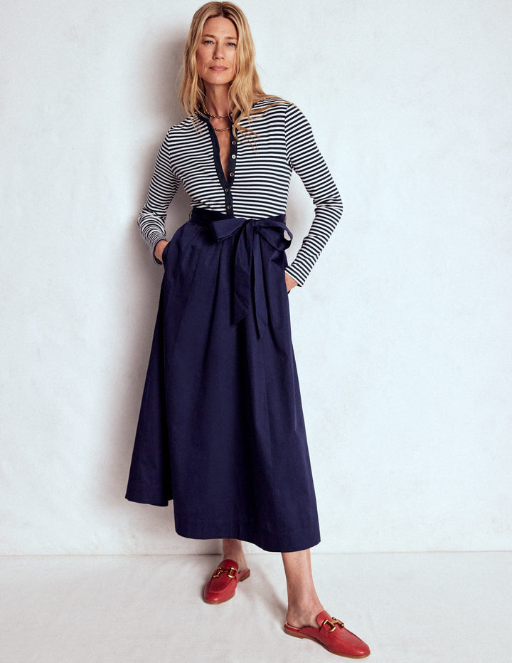 Button Detail Mix Dress-Navy Stripe