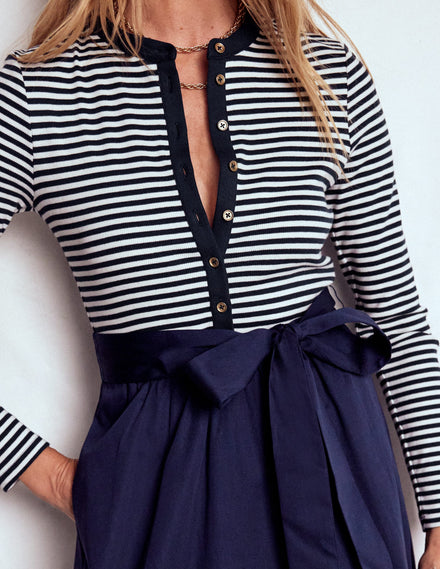 Button Detail Mix Dress-Navy Stripe