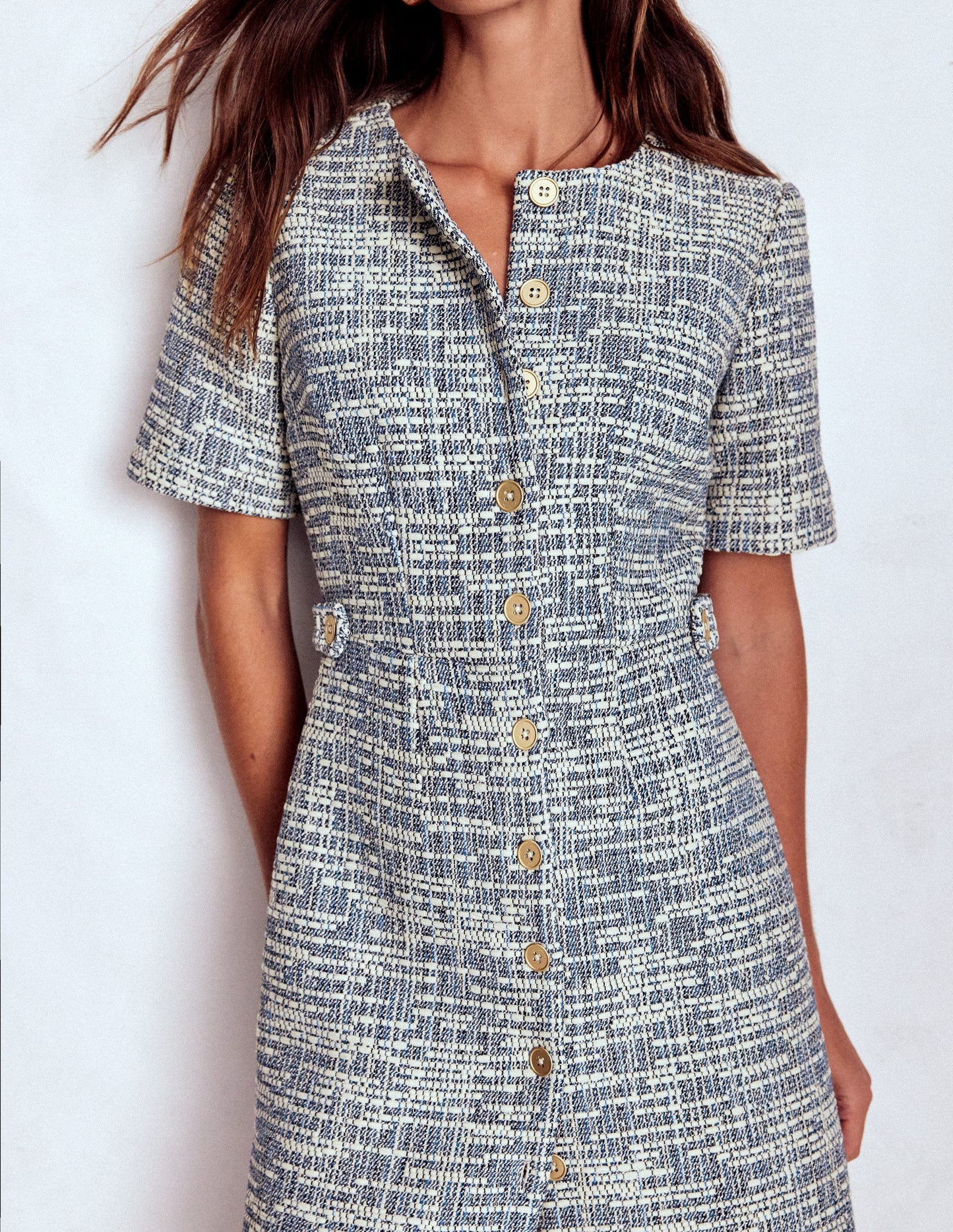 Textured Tab Short Dress-Blue and White Texture