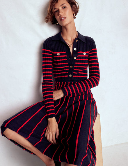 Brönte Knitted Rib Shirt Dress-Navy and Red Stripe