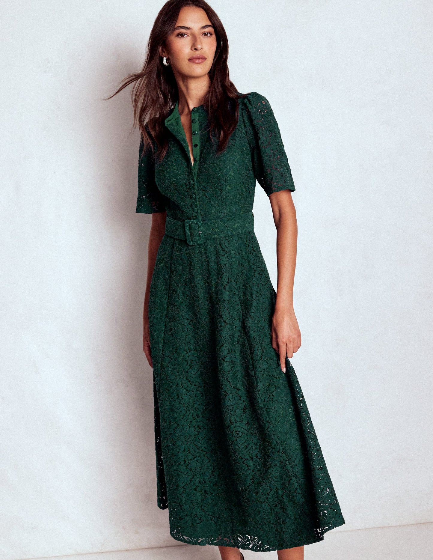 Kate Puff Sleeve Lace Dress-Dark Green