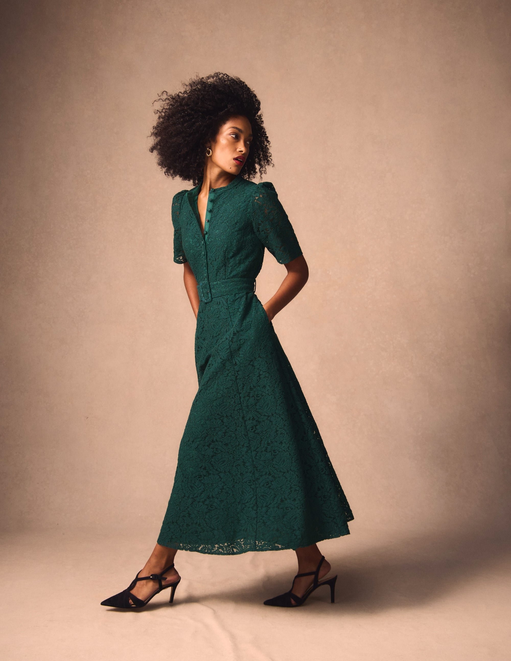 Kate Puff Sleeve Lace Dress-Dark Green | Boden Global