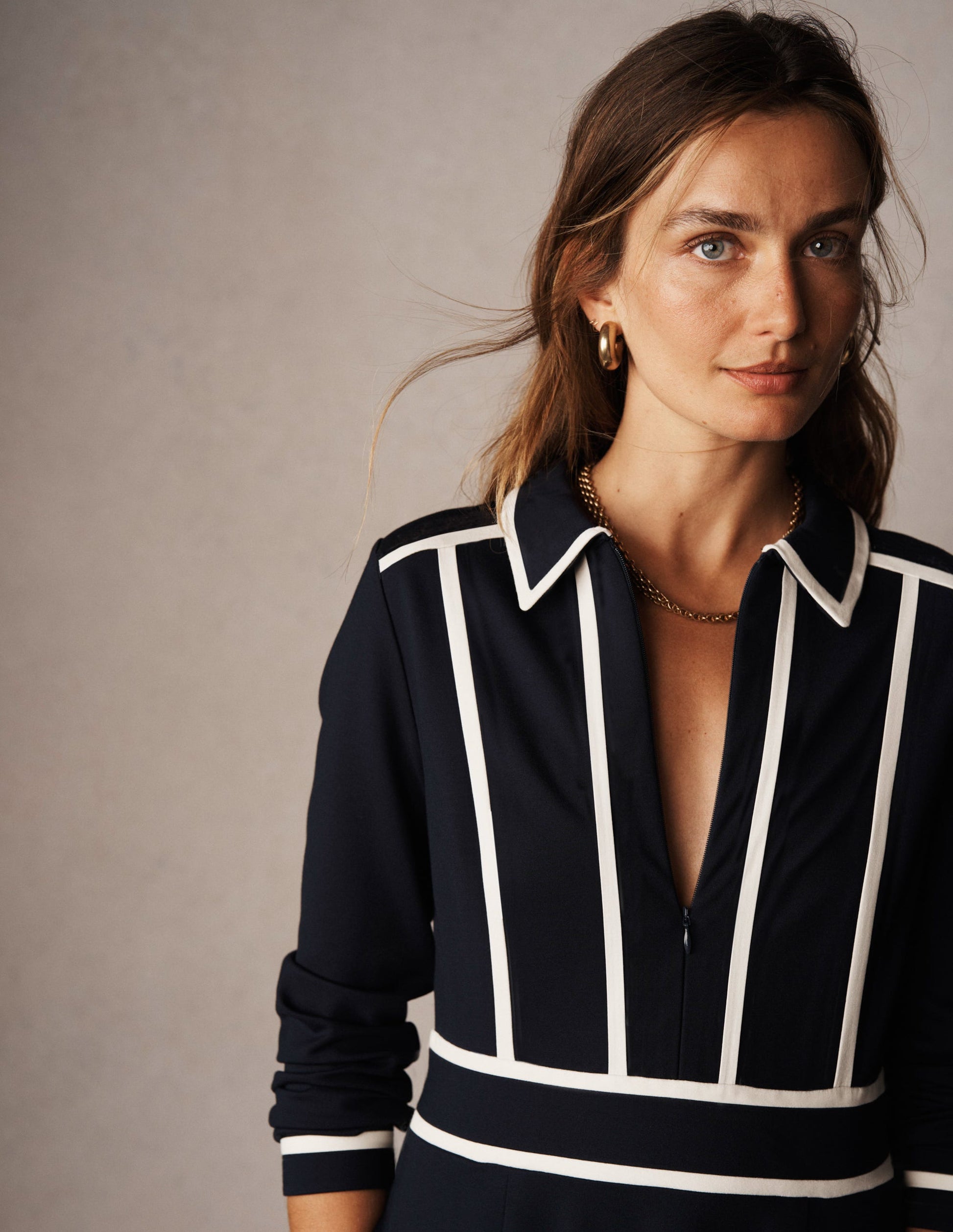 Contrast Ponte Midi Dress-Navy-1