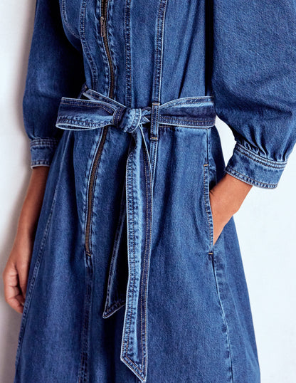 Zip Puff Sleeve Denim Dress-Dark Wash-2