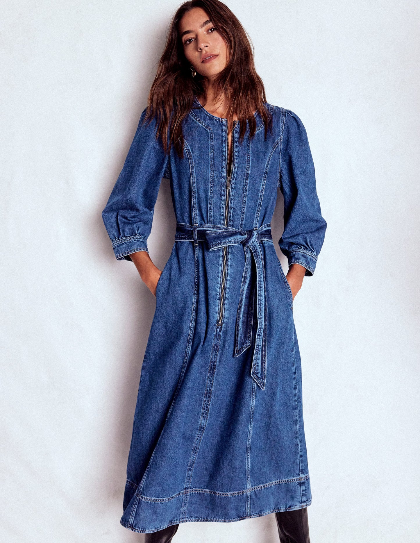 Zip Puff Sleeve Denim Dress-Dark Wash