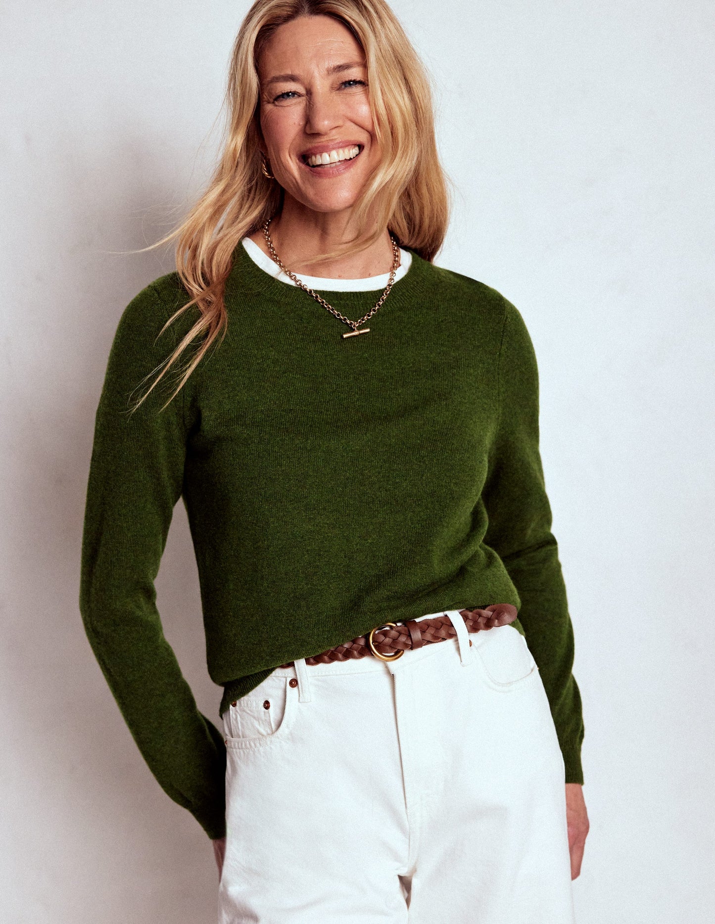 Eva Cashmere Crew Neck Jumper-Leaf Green Melange