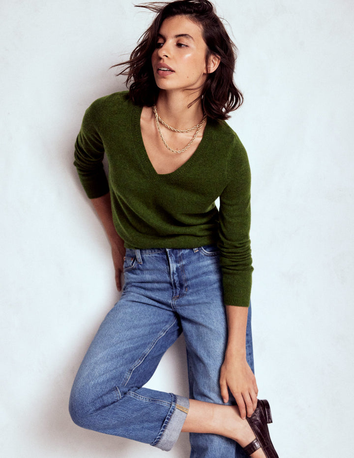 Eva Cashmere V-neck Jumper-Leaf Green Melange