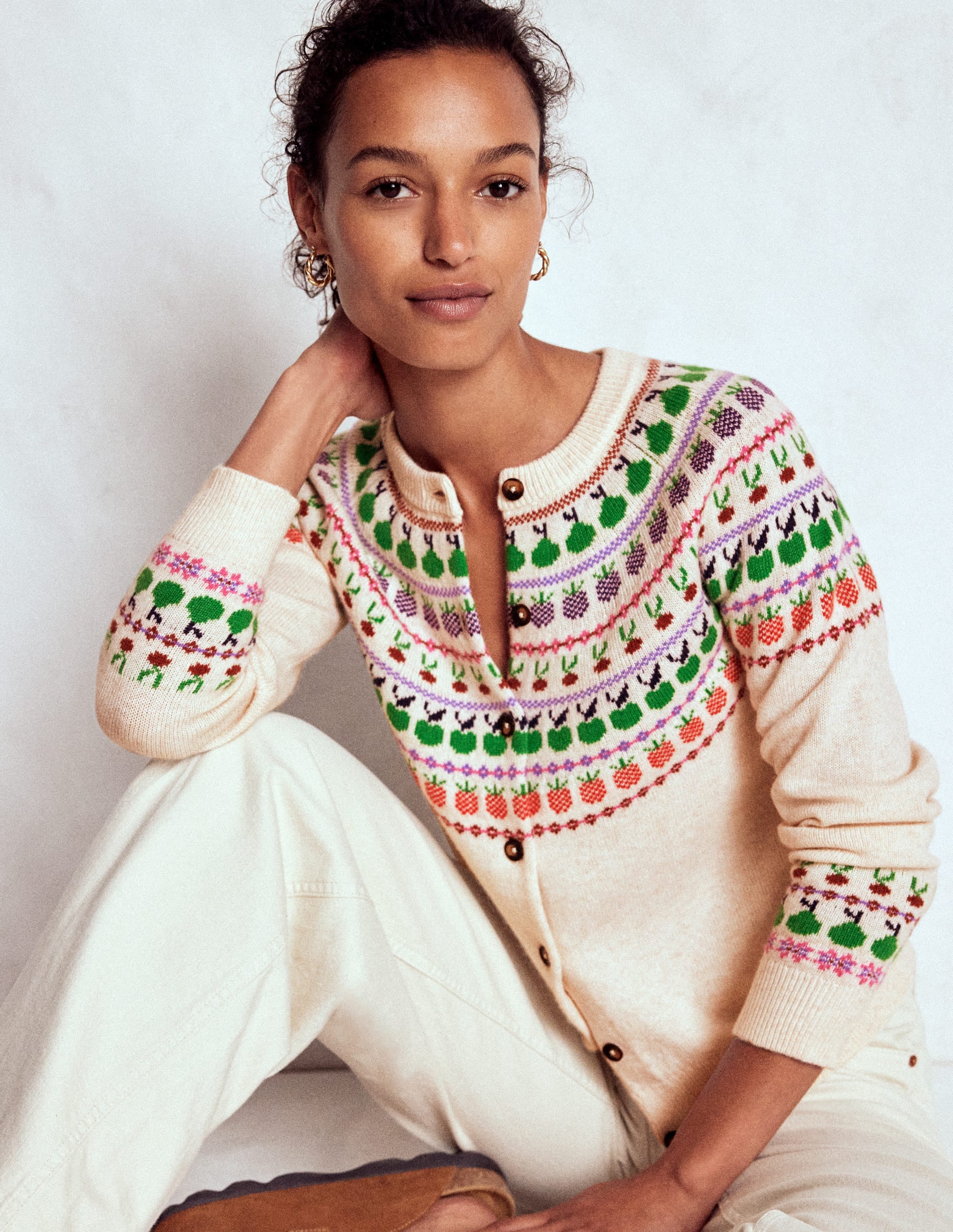 Edie Fair Isle Cardigan-Ecru Marl, Fruit - Image 1