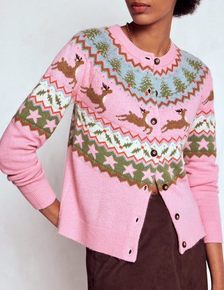Edie Fair Isle Cardigan-Pink, Reindeer