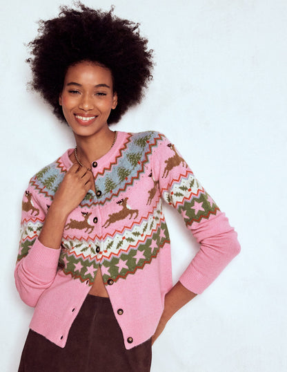 Edie Fair Isle Cardigan-Pink, Reindeer-4