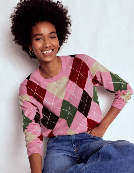 Lydia Cashmere Jumper-Pink, Brown and Green Argyle
