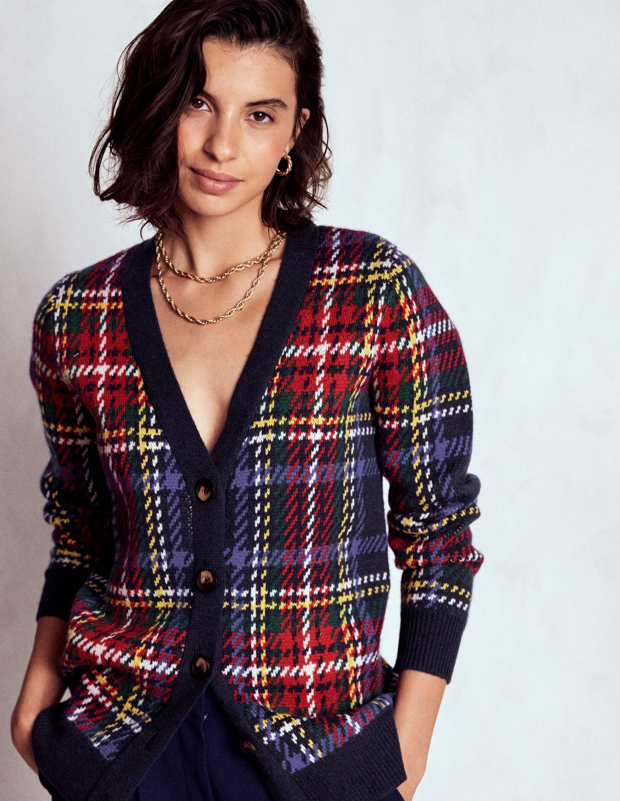 Quinn Boyfriend Cardigan-Navy, Green and Red Check - Image 1