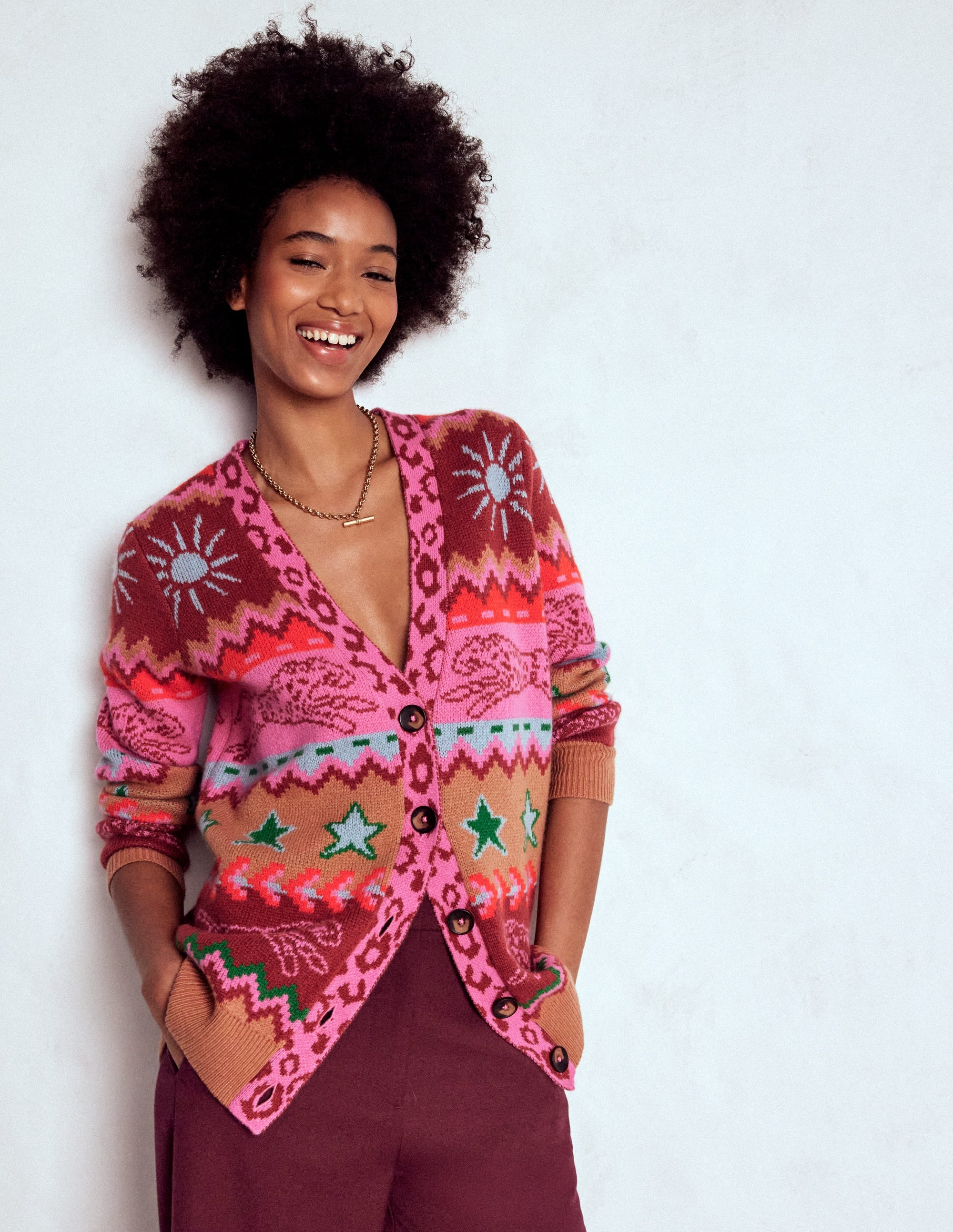 Quinn Boyfriend Cardigan-Camel, Cheetahs | Boden Global