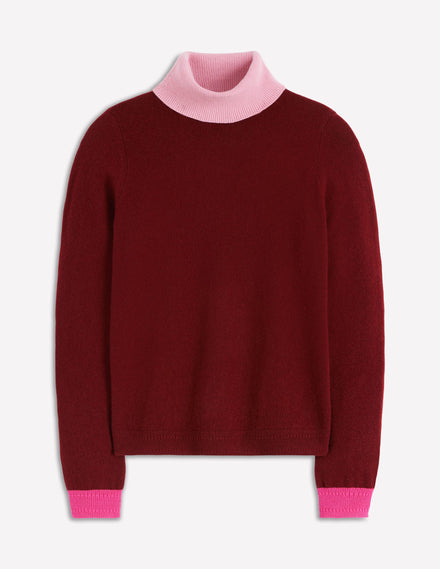 Eva Cashmere Roll Neck Jumper-Chestnut, Colour Block