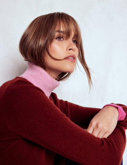 Eva Cashmere Roll Neck Jumper-Chestnut, Colour Block-3