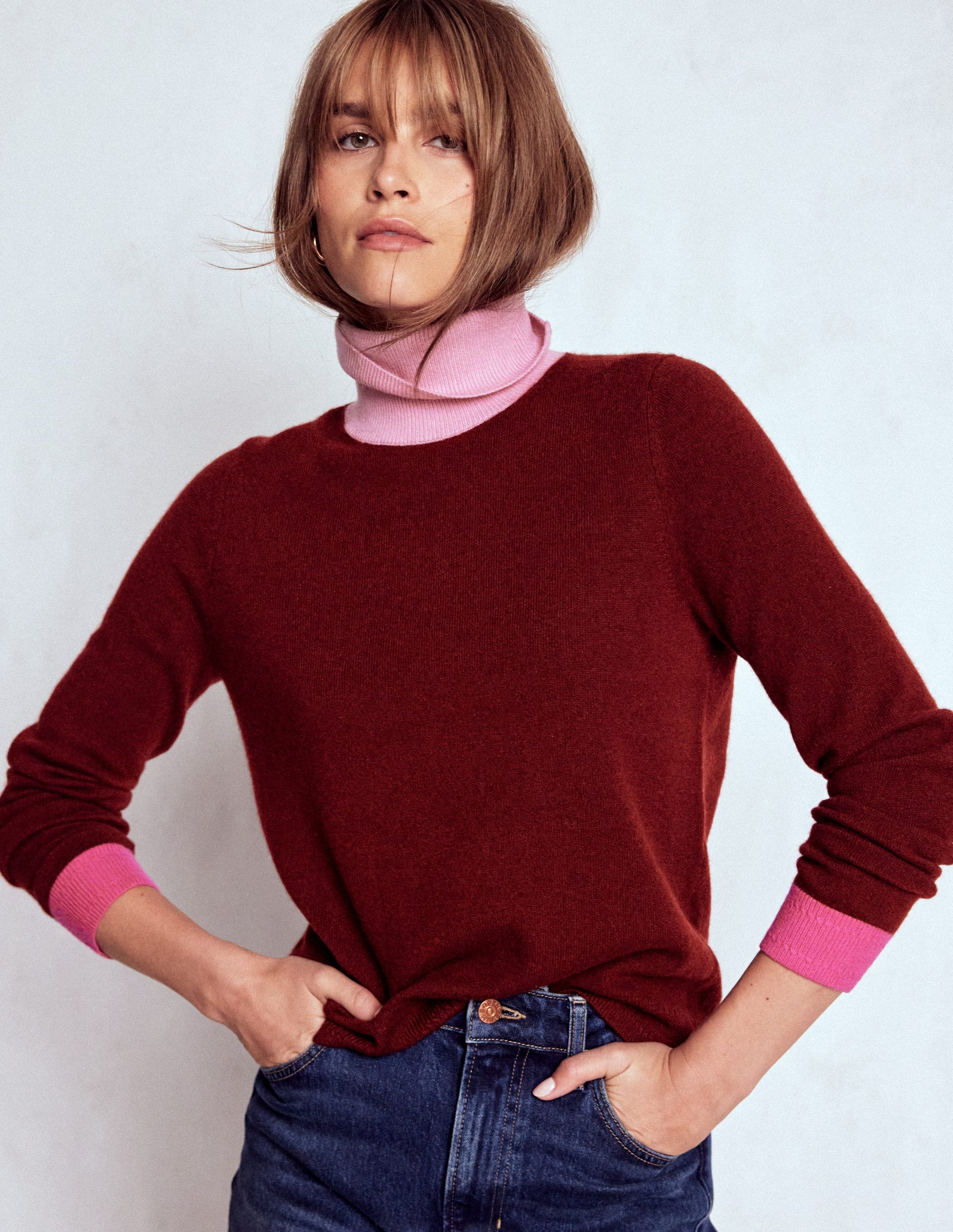 Eva Cashmere Roll Neck Jumper-Chestnut, Colour Block-6