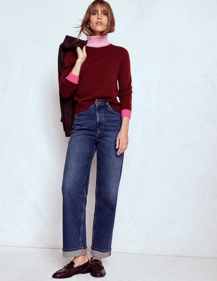 Eva Cashmere Roll Neck Jumper-Chestnut, Colour Block