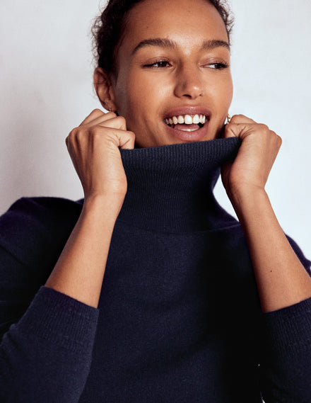 Eva Cashmere Roll Neck Jumper-Navy