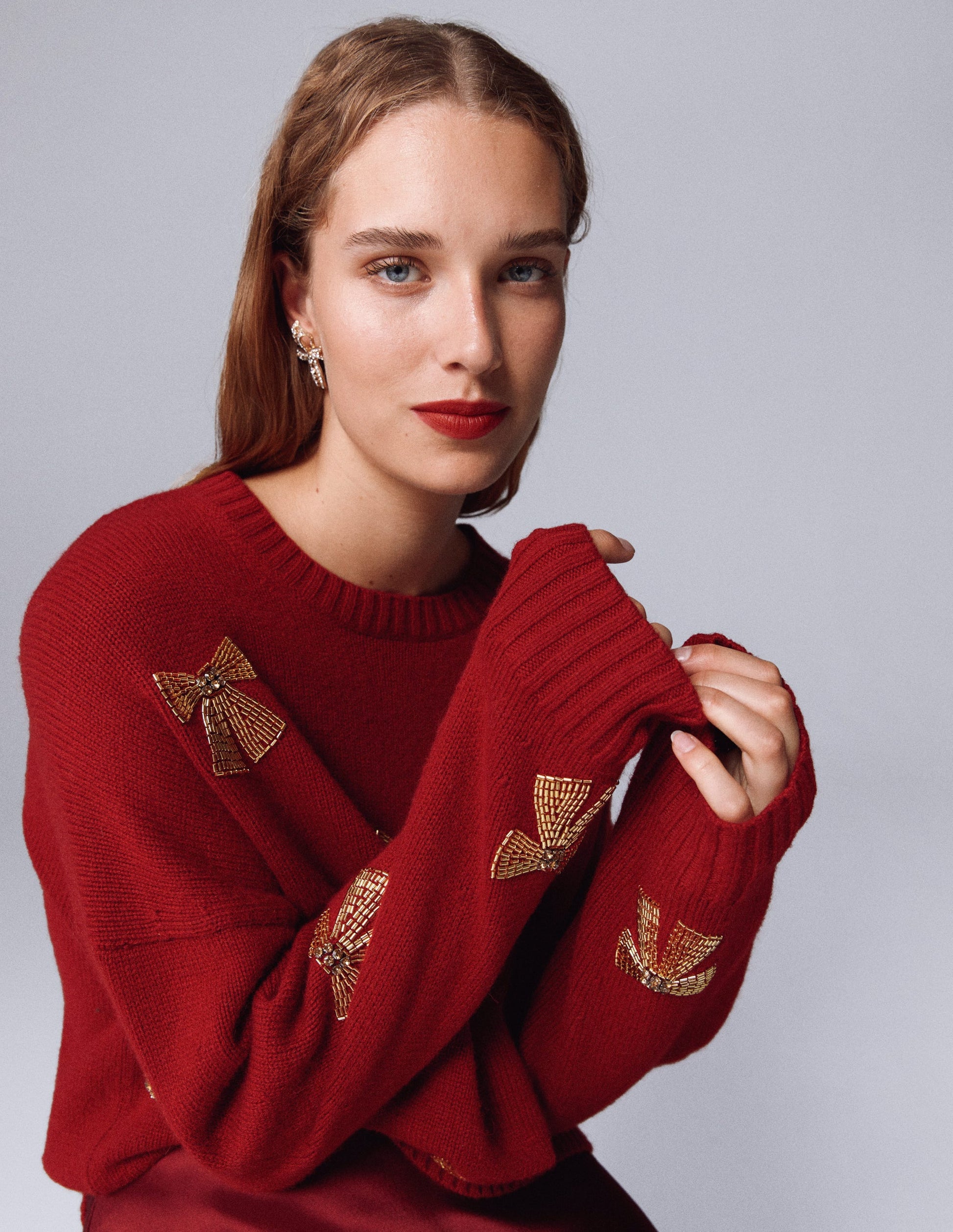 Natalie Embroidered Jumper-Red, Embellished Bows-1
