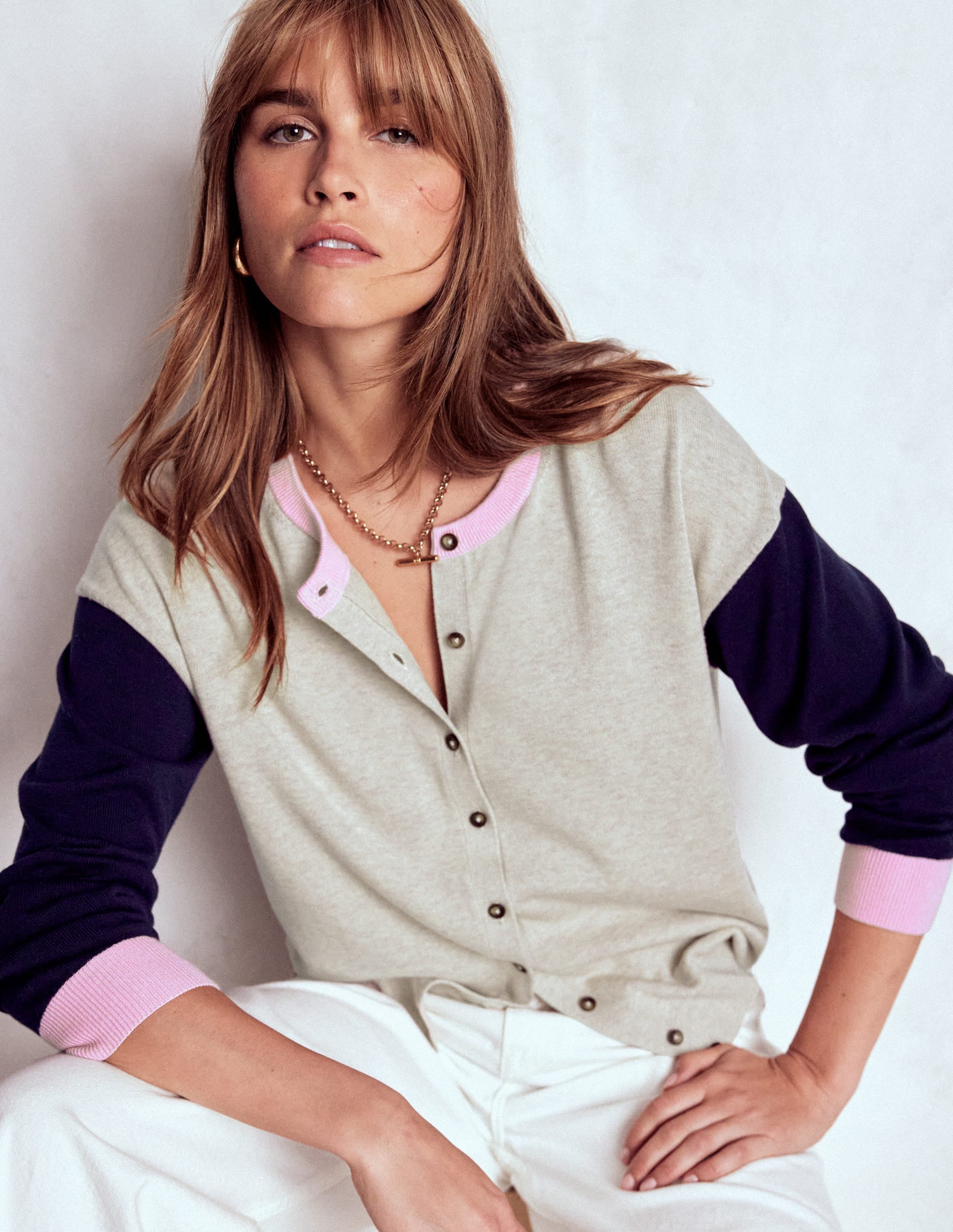 Lara Relaxed Cotton Cardigan-Oatmeal Melange, Navy - Image 1