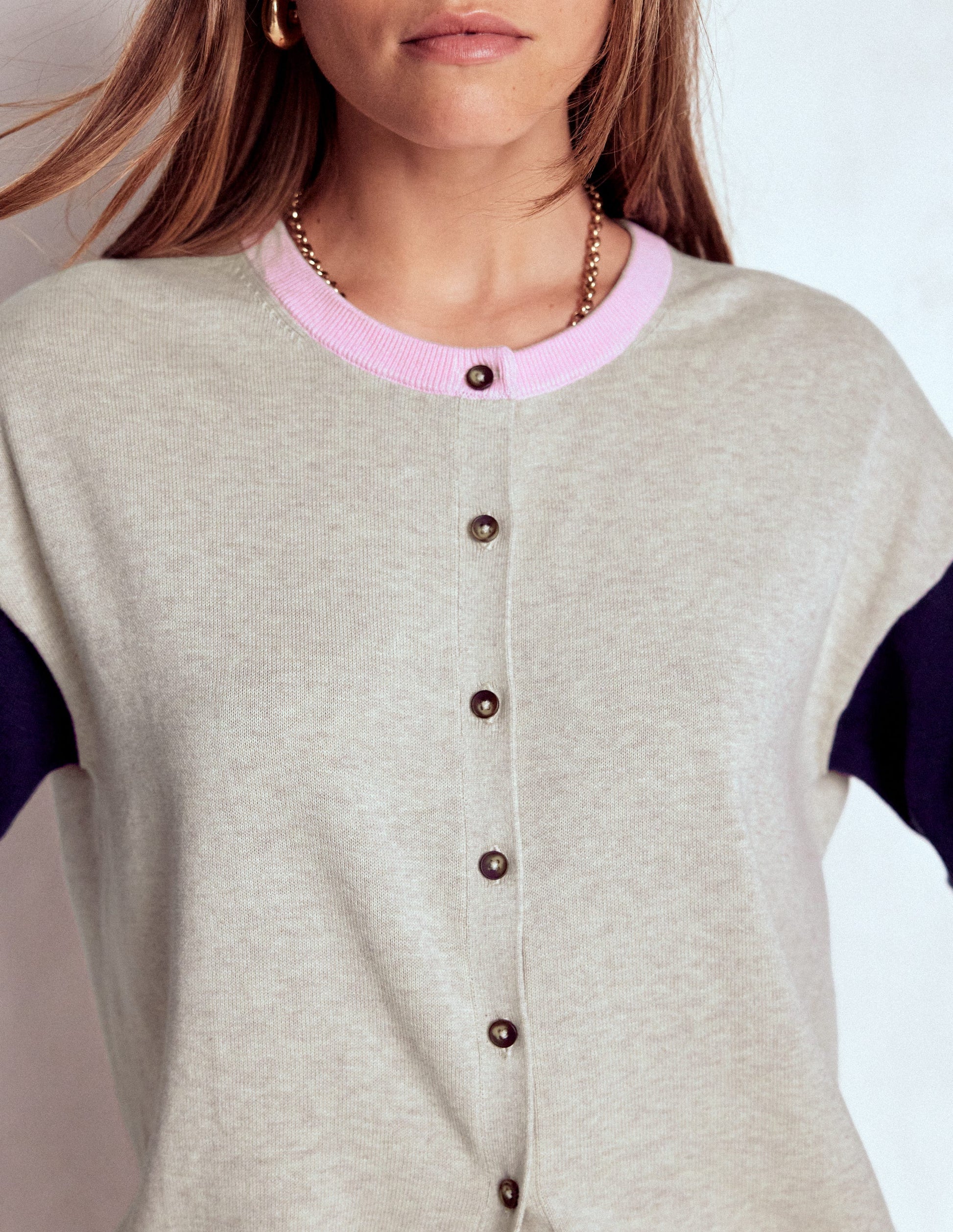 Lara Relaxed Cotton Cardigan-Oatmeal Melange, Navy-2