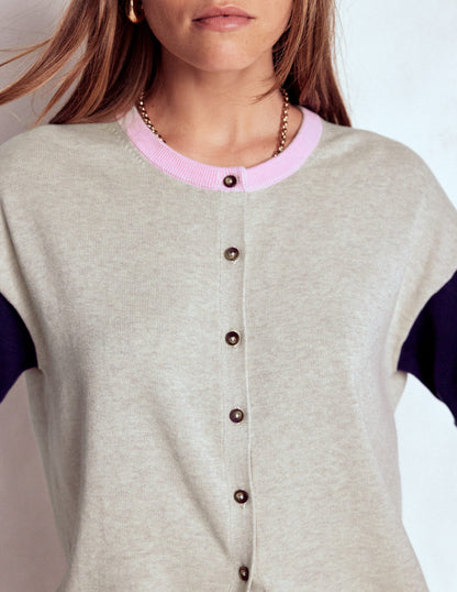 Lara Relaxed Cotton Cardigan-Oatmeal Melange, Navy-2