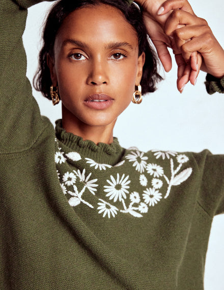 Embroidered Frill Jumper-Woodland Green Melange