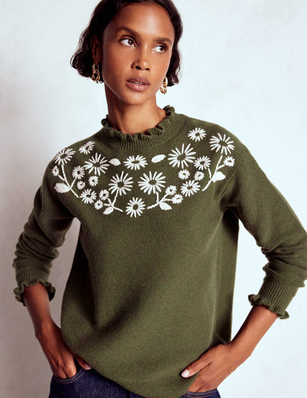 Embroidered Frill Jumper-Woodland Green Melange