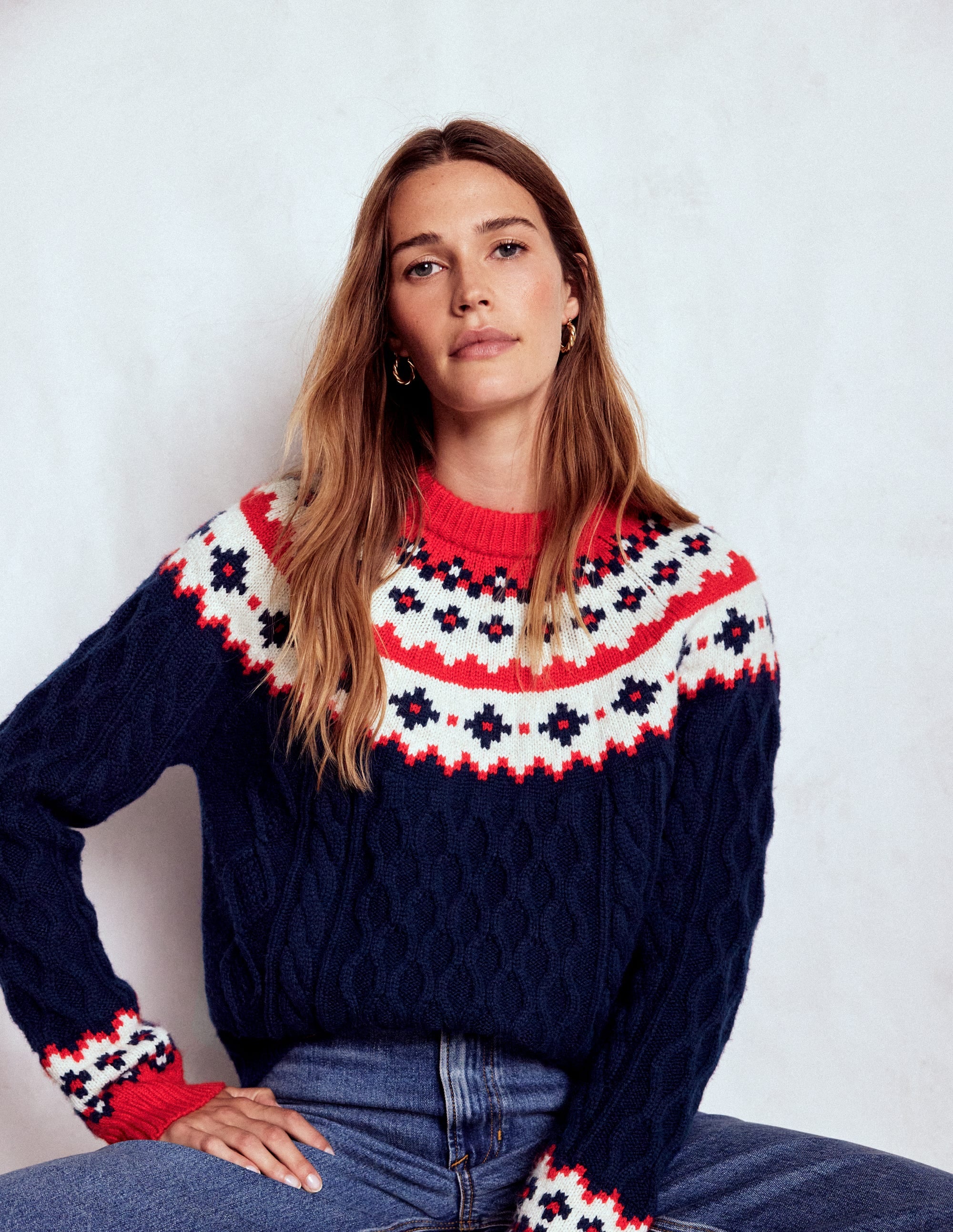 Eleanor Fair Isle Jumper-Navy Cable - Image 1