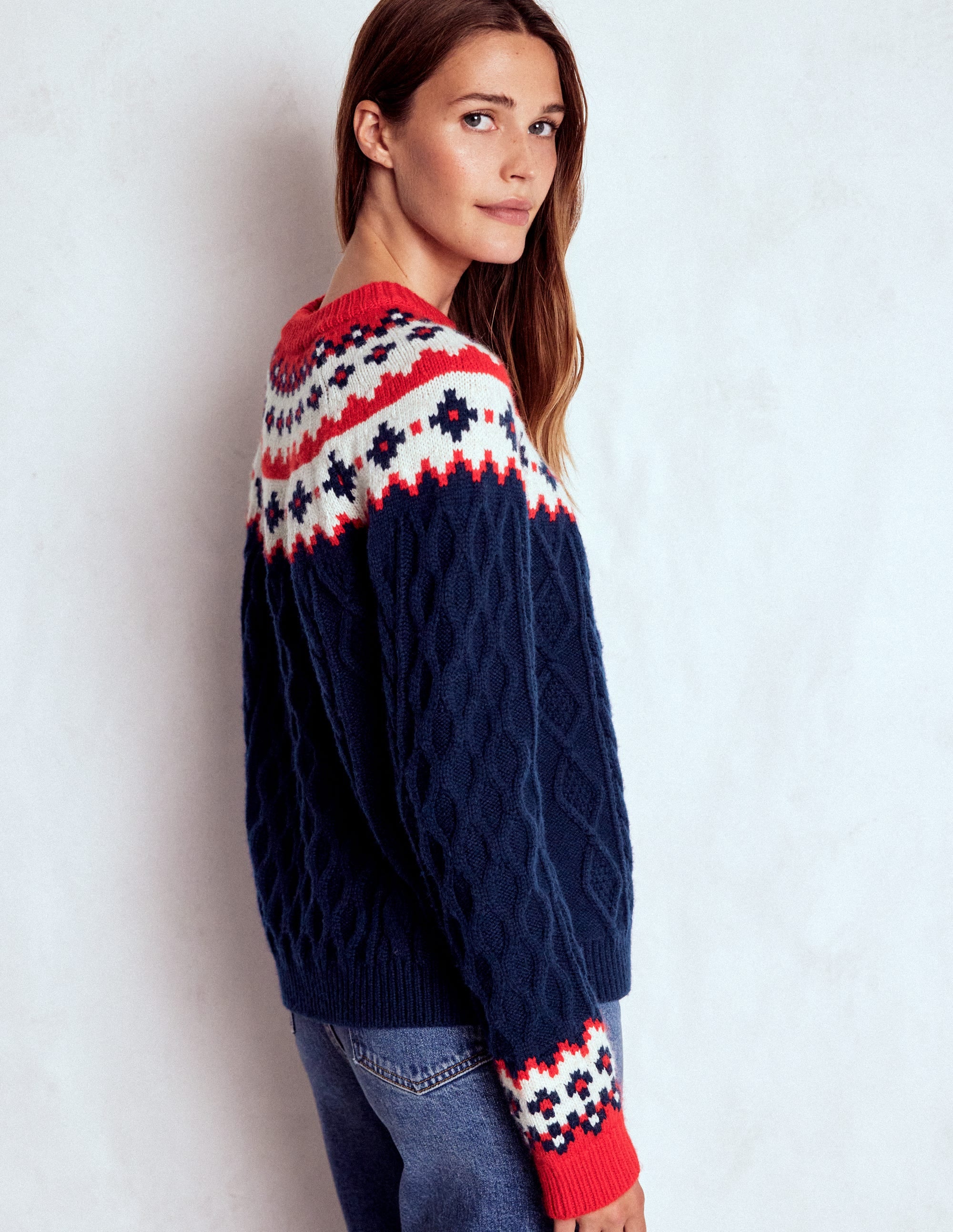 Eleanor Fair Isle Jumper-Navy Cable - Image 3