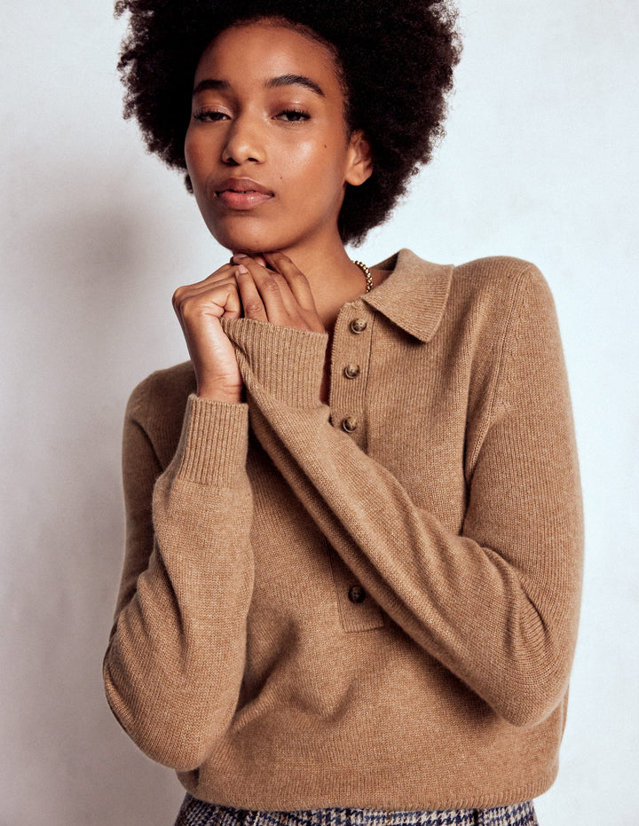 Collared Cashmere Jumper-Camel Melange