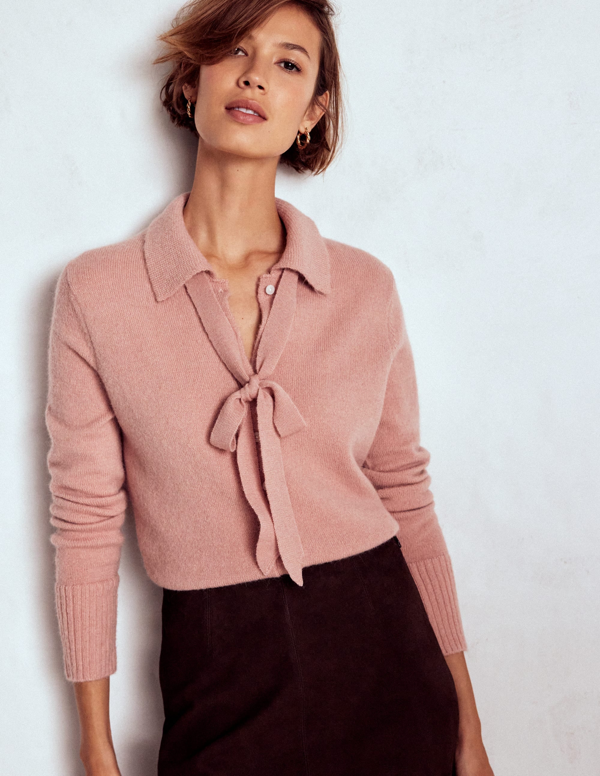 Collared Tie Front Cardigan-Misty Rose Pink - Image 1