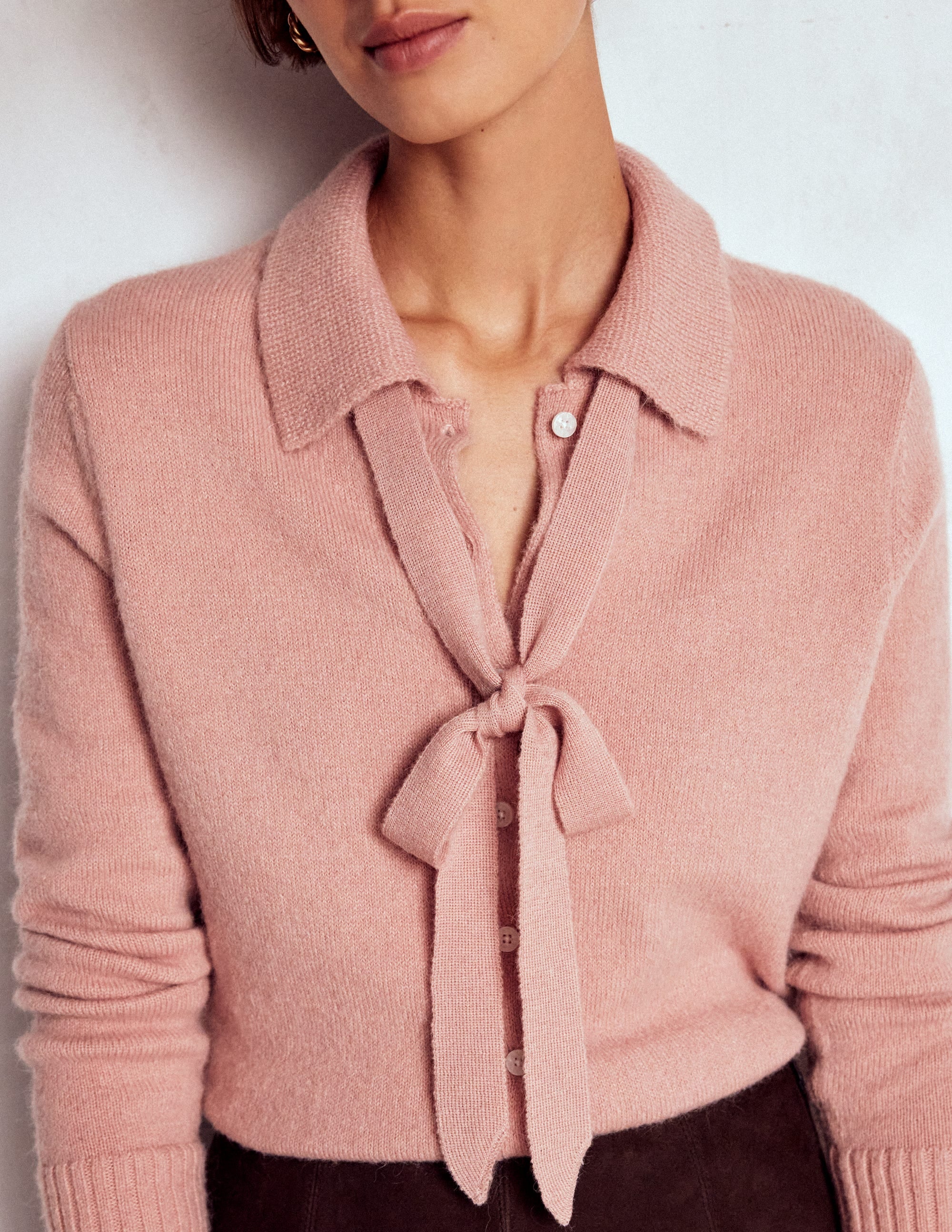 Collared Tie Front Cardigan-Misty Rose Pink - Image 2