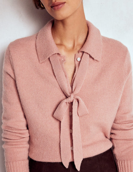 Collared Tie Front Cardigan-Misty Rose Pink
