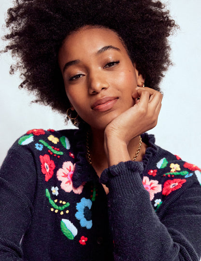 Embroidered Frill Cardigan-Navy-3